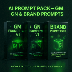 AI Image Prompt Pack cover showing GM, GN, and Brand prompts in 6 PDFs for ChatGPT and MidJourney