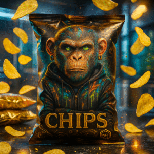 AI Image Prompts for NFTs & Brand Prompt: Hyper-realistic NFT-inspired potato chip bag with holographic and metallic accents in golden yellow, deep orange, and neon highlights, futuristic studio, floating chips, crumpled packaging folds, and cinematic lighting.