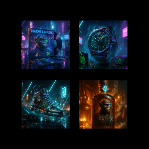 Brand Prompts preview from AI Image Prompt Pack transforming NFTs into branded mockups and products